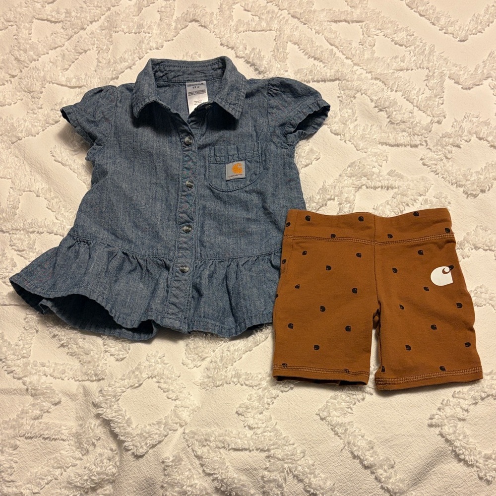 Carhartt Blue Chambray Ruffle Top and Brown Logo Biker Shorts, 12 months